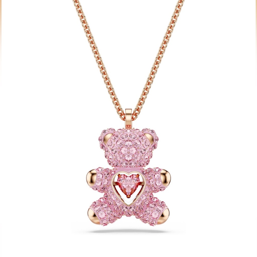 New Swarovski Pink Crystal Teddy Bear Pendant Necklace